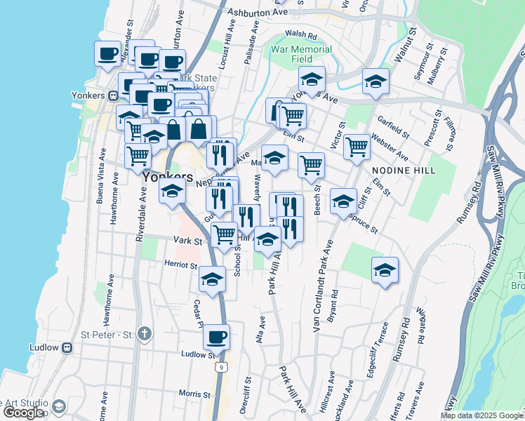 map of restaurants, bars, coffee shops, grocery stores, and more near 155 Linden Street in Yonkers