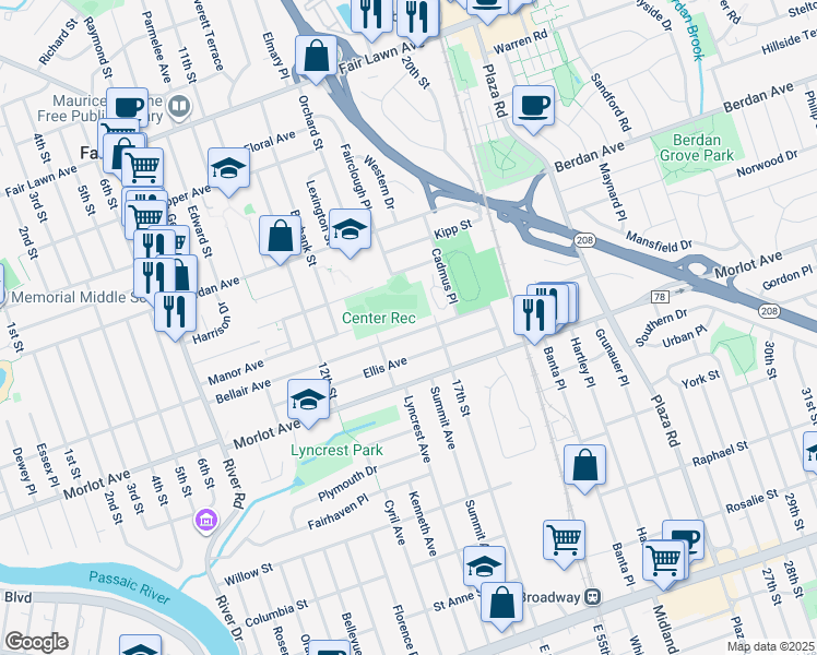 map of restaurants, bars, coffee shops, grocery stores, and more near 16-05 Bellair Avenue in Fair Lawn