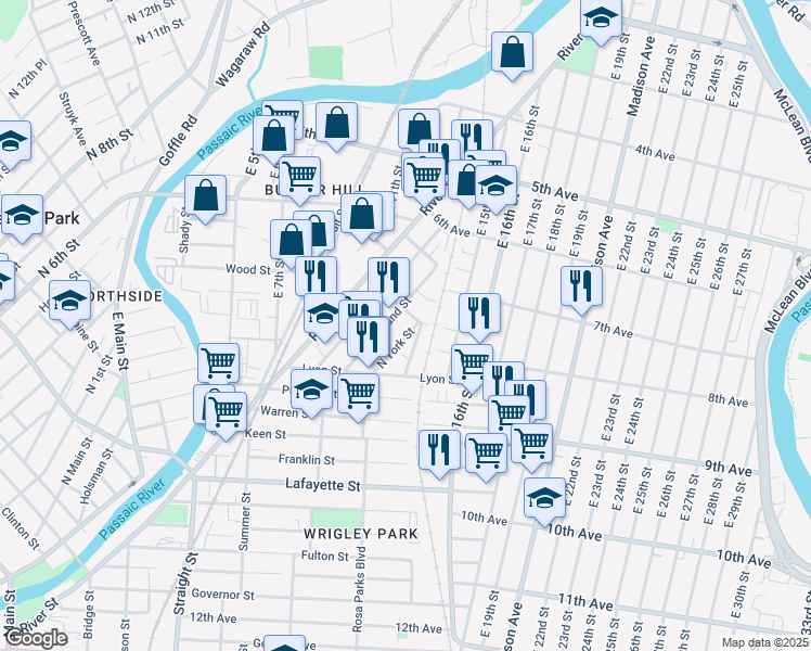 map of restaurants, bars, coffee shops, grocery stores, and more near in Paterson