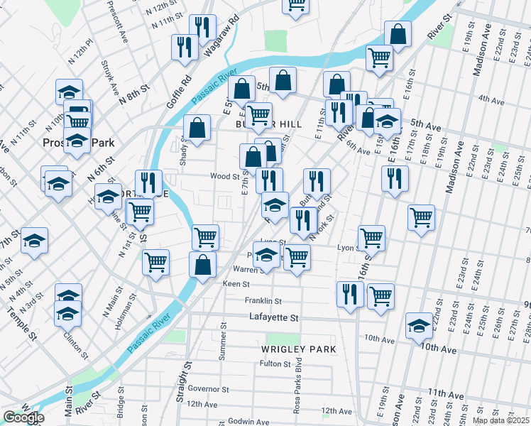 map of restaurants, bars, coffee shops, grocery stores, and more near 110 Wait Street in Paterson