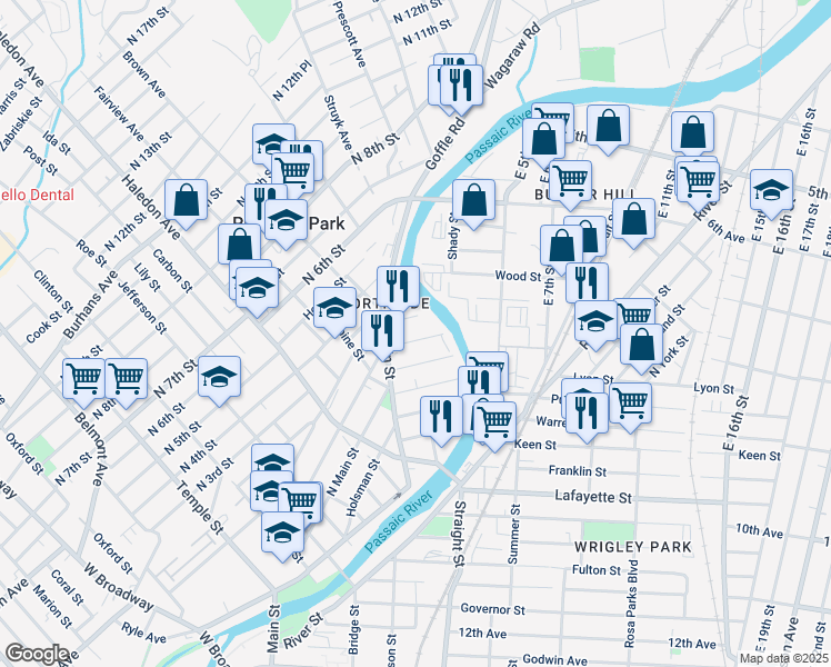 map of restaurants, bars, coffee shops, grocery stores, and more near 9 Amity Street in Paterson
