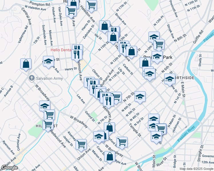map of restaurants, bars, coffee shops, grocery stores, and more near 274 Clinton Street in Paterson