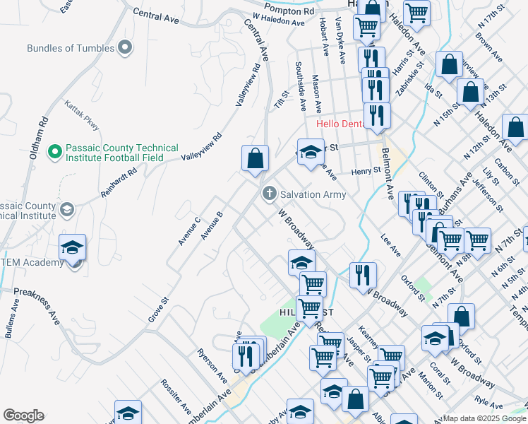 map of restaurants, bars, coffee shops, grocery stores, and more near 446 Kearney Street in Paterson