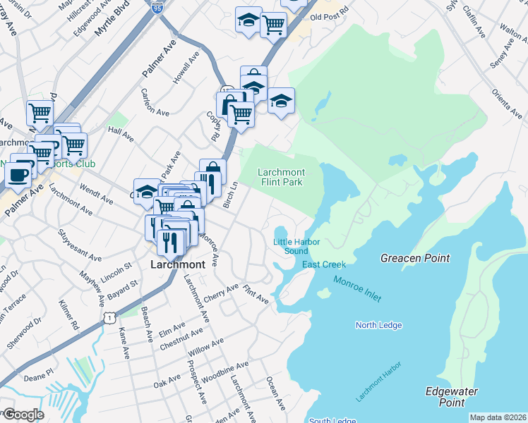 map of restaurants, bars, coffee shops, grocery stores, and more near 2 Griffen Drive in Larchmont
