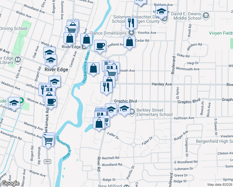 map of restaurants, bars, coffee shops, grocery stores, and more near 737 River Road in New Milford