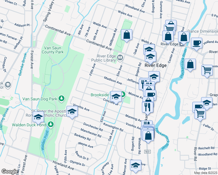 map of restaurants, bars, coffee shops, grocery stores, and more near 209 Monroe Avenue in River Edge
