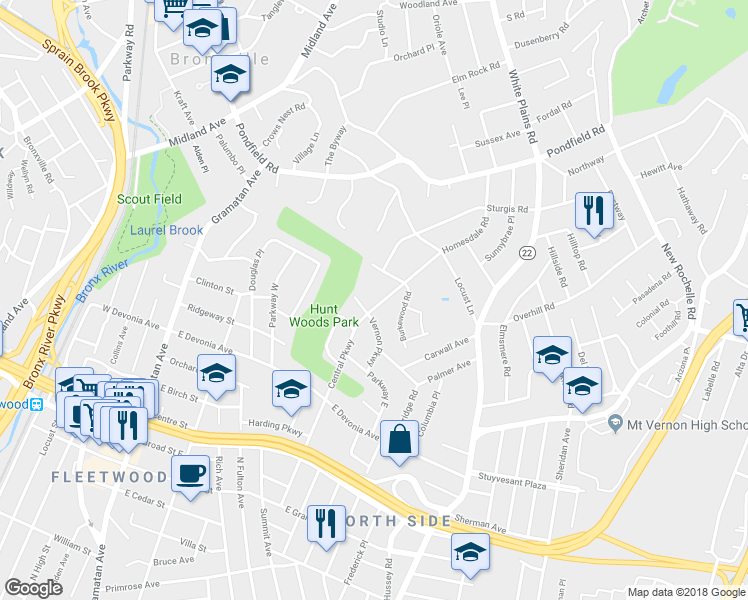 map of restaurants, bars, coffee shops, grocery stores, and more near 220 Central Parkway in Mount Vernon