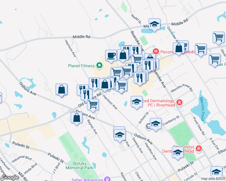 map of restaurants, bars, coffee shops, grocery stores, and more near 1165 County Road 58 in Riverhead
