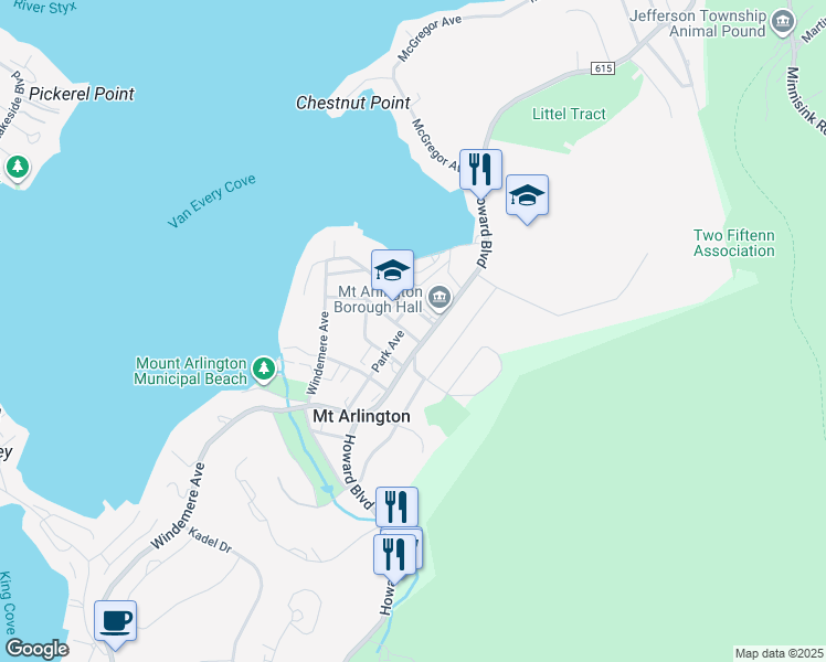 map of restaurants, bars, coffee shops, grocery stores, and more near 35 Arlington Avenue in Mount Arlington
