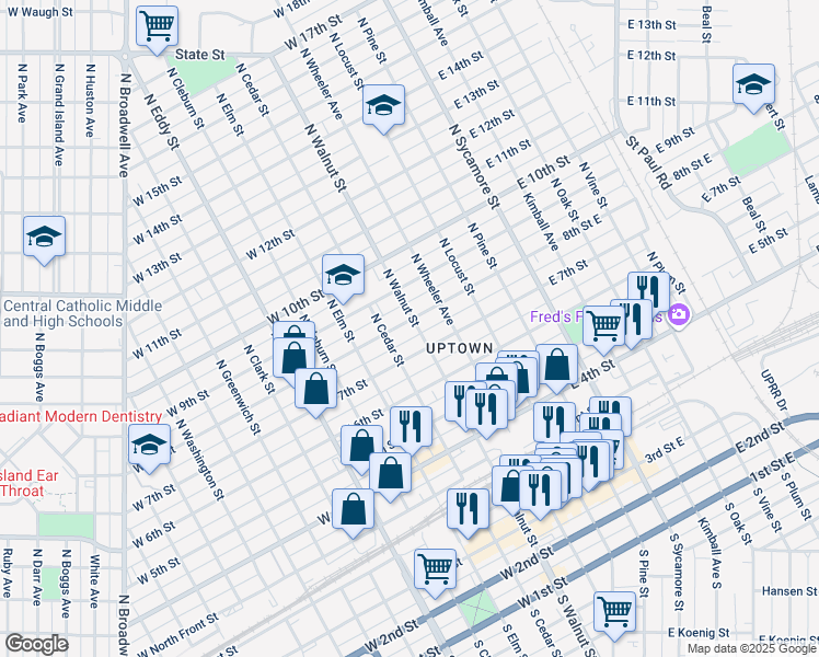 map of restaurants, bars, coffee shops, grocery stores, and more near 722 North Walnut Street in Grand Island