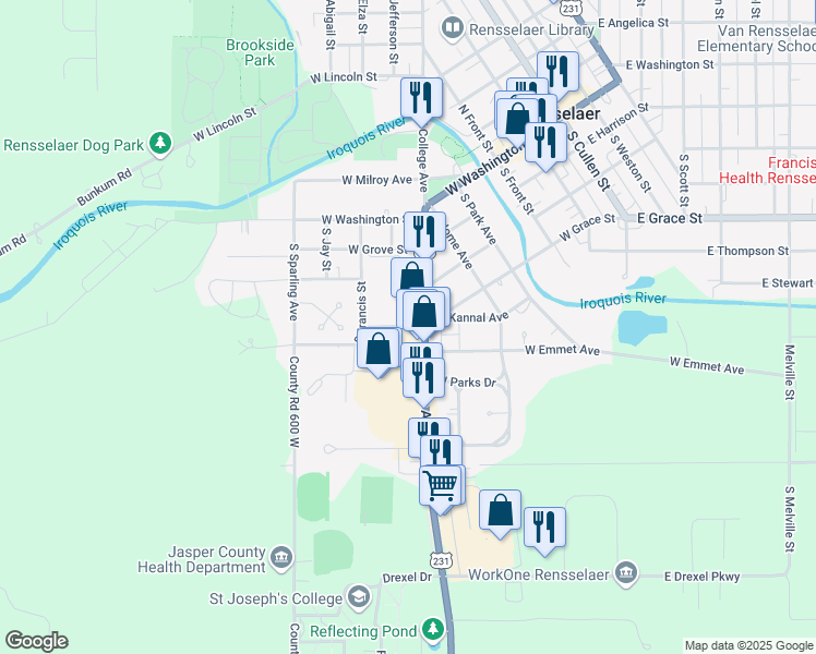 map of restaurants, bars, coffee shops, grocery stores, and more near West Kannal Avenue in Rensselaer