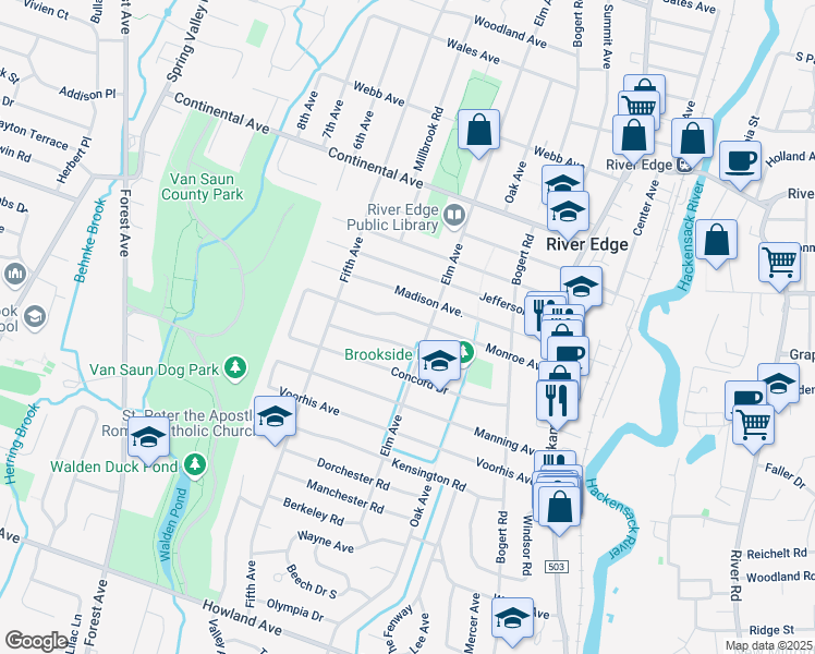 map of restaurants, bars, coffee shops, grocery stores, and more near 209 Monroe Avenue in River Edge