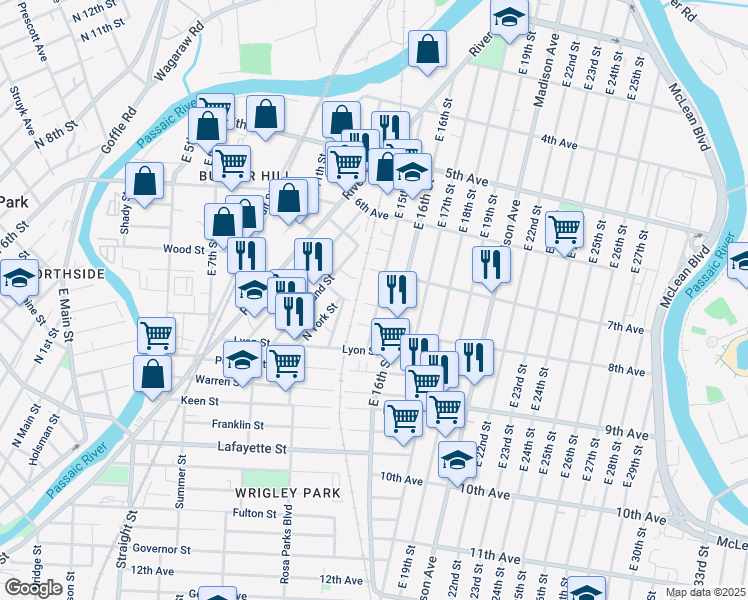 map of restaurants, bars, coffee shops, grocery stores, and more near 83 Sassafras Street in Paterson