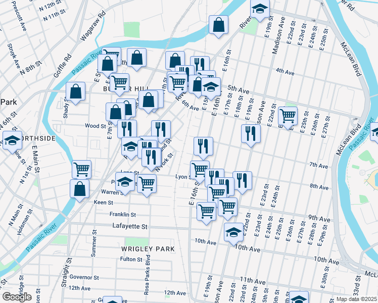map of restaurants, bars, coffee shops, grocery stores, and more near 83 Sassafras Street in Paterson