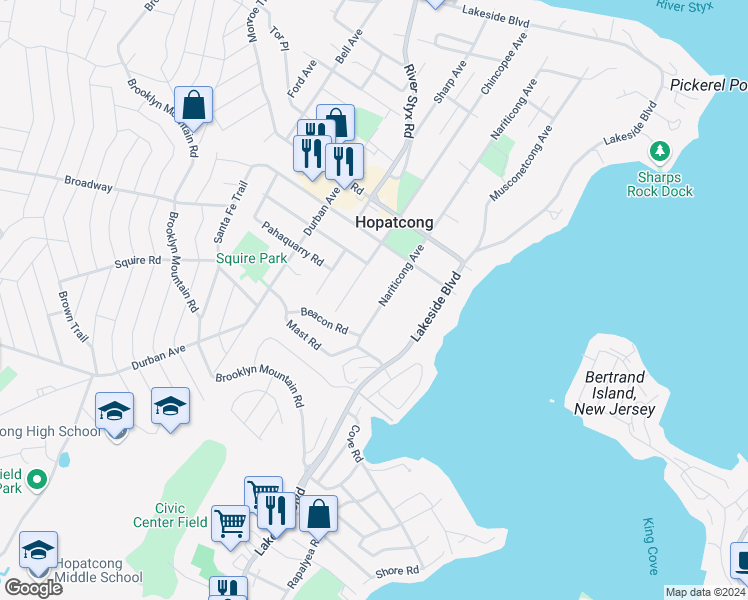 map of restaurants, bars, coffee shops, grocery stores, and more near 10 Nariticong Avenue in Hopatcong