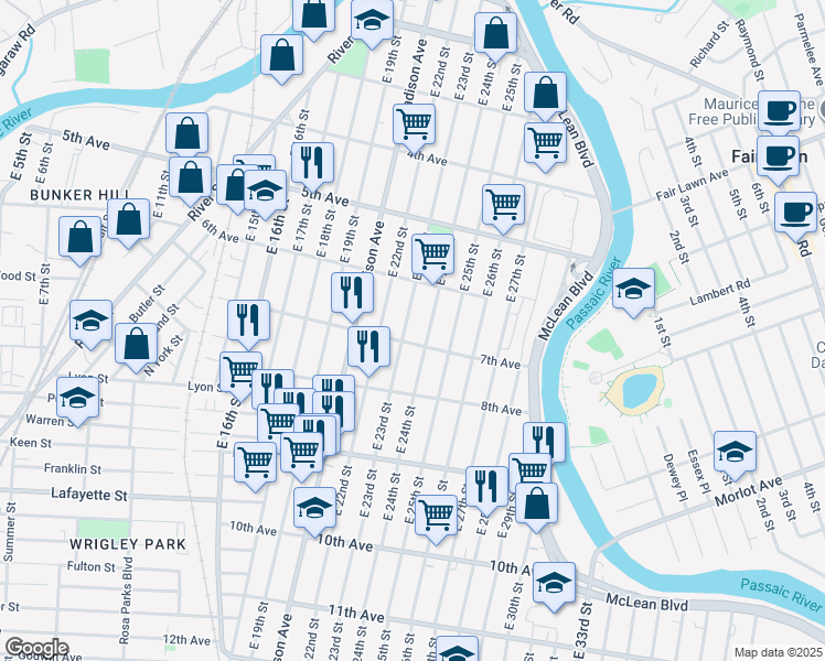 map of restaurants, bars, coffee shops, grocery stores, and more near 287 E 23rd St in Paterson