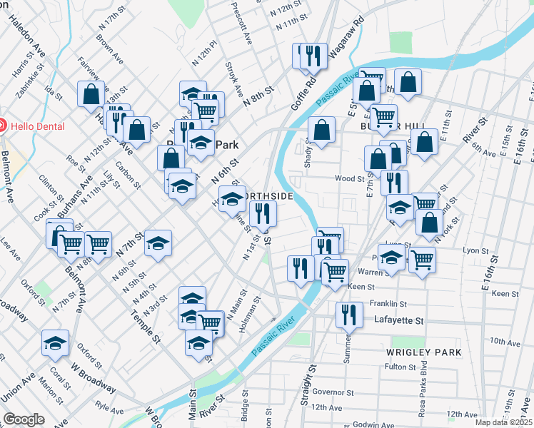 map of restaurants, bars, coffee shops, grocery stores, and more near 138 North 2nd Street in Paterson