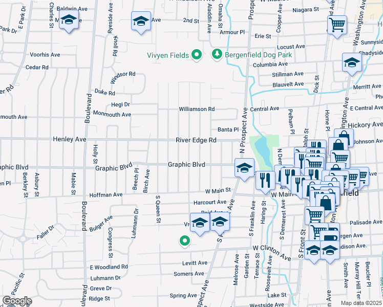 map of restaurants, bars, coffee shops, grocery stores, and more near 81 North Vivyen Street in Bergenfield