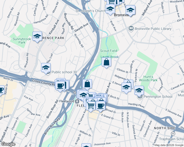 map of restaurants, bars, coffee shops, grocery stores, and more near 77 West Devonia Avenue in Mount Vernon