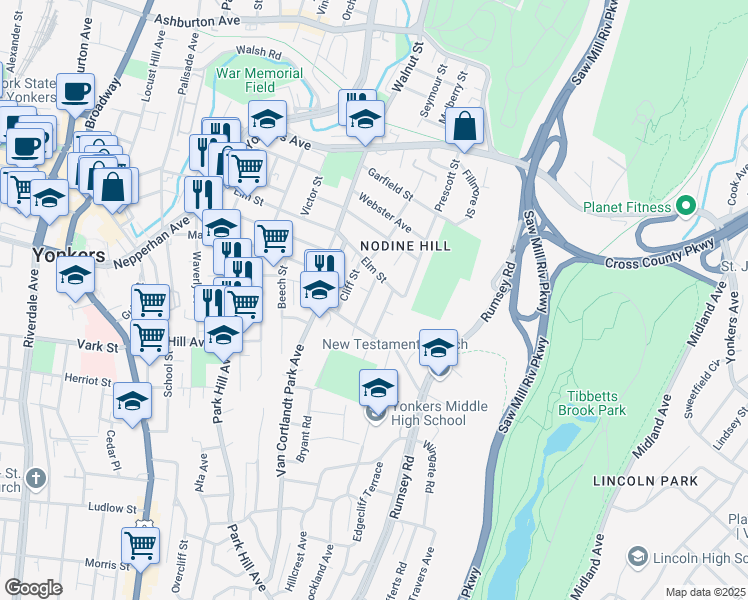 map of restaurants, bars, coffee shops, grocery stores, and more near 7 Alder Street in Yonkers