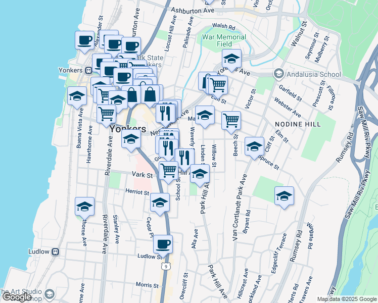 map of restaurants, bars, coffee shops, grocery stores, and more near 55 School Street in Yonkers