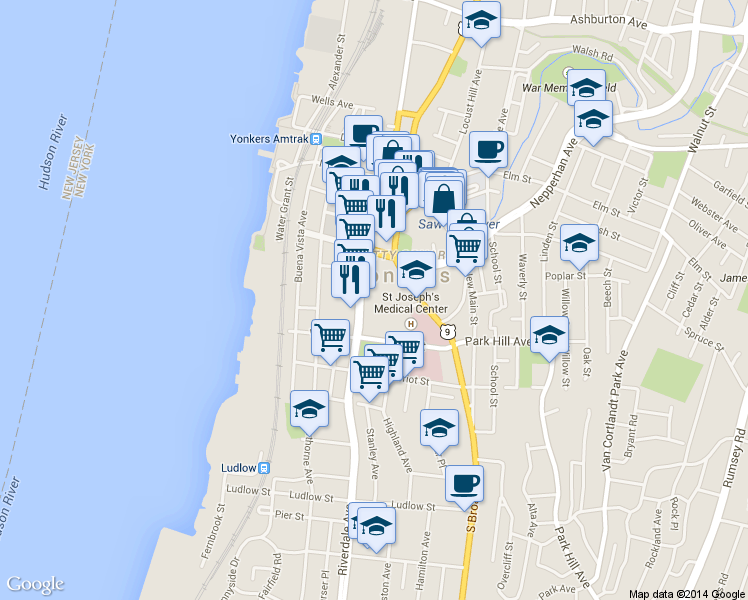 map of restaurants, bars, coffee shops, grocery stores, and more near in Yonkers