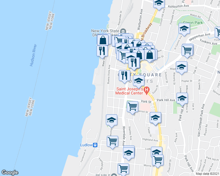 map of restaurants, bars, coffee shops, grocery stores, and more near 137 Buena Vista Avenue in Yonkers