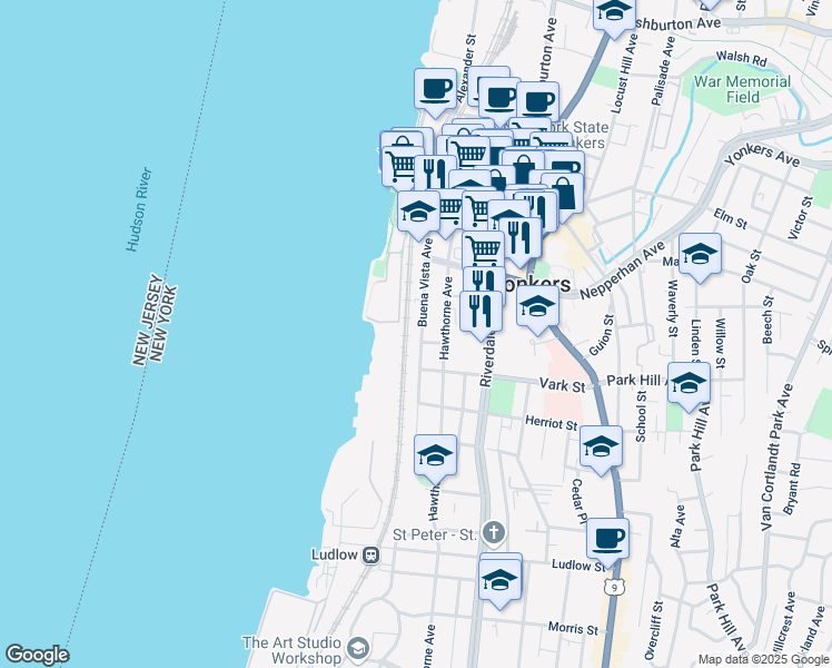 map of restaurants, bars, coffee shops, grocery stores, and more near 137 Buena Vista Avenue in Yonkers
