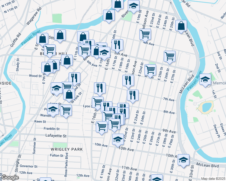 map of restaurants, bars, coffee shops, grocery stores, and more near 237 East 17th Street in Paterson
