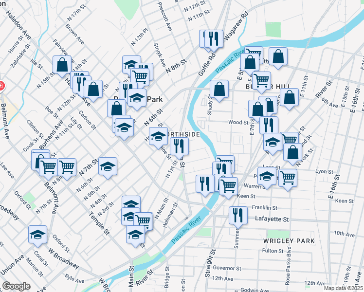 map of restaurants, bars, coffee shops, grocery stores, and more near 138 North 2nd Street in Paterson