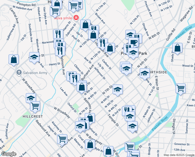 map of restaurants, bars, coffee shops, grocery stores, and more near 146 North 10th Street in Paterson