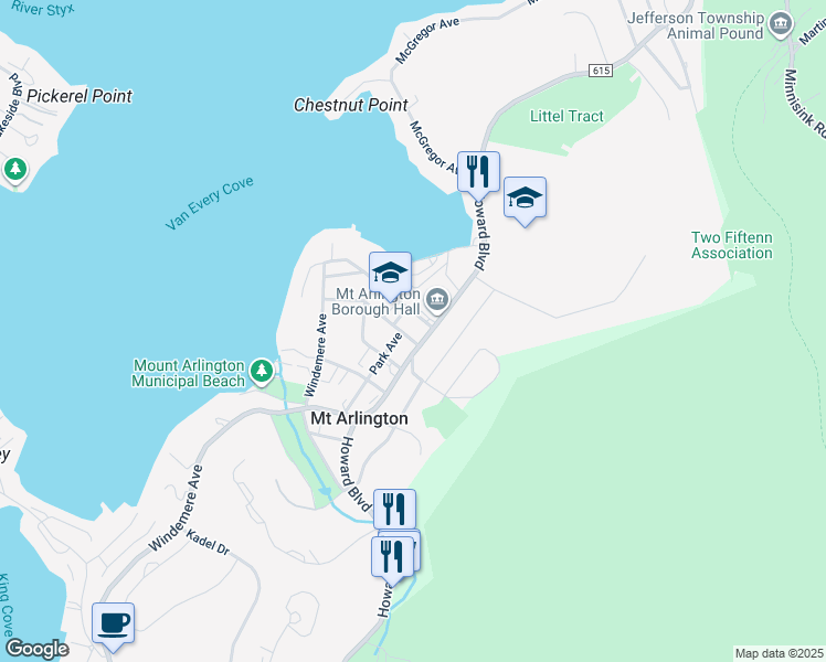 map of restaurants, bars, coffee shops, grocery stores, and more near 35 Arlington Avenue in Mount Arlington