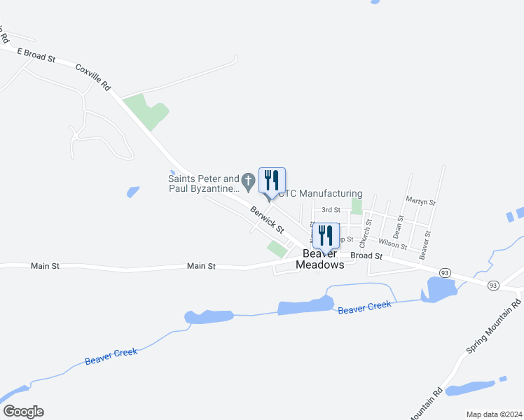 map of restaurants, bars, coffee shops, grocery stores, and more near 89 Berwick Street in Beaver Meadows