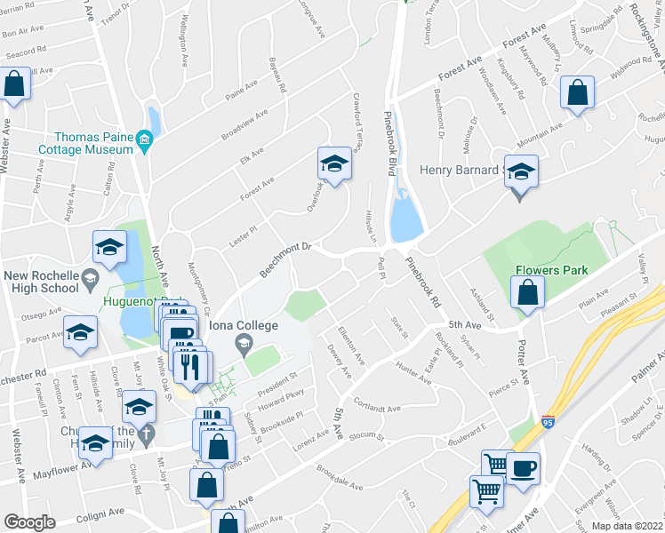 map of restaurants, bars, coffee shops, grocery stores, and more near 229 Beechmont Drive in New Rochelle
