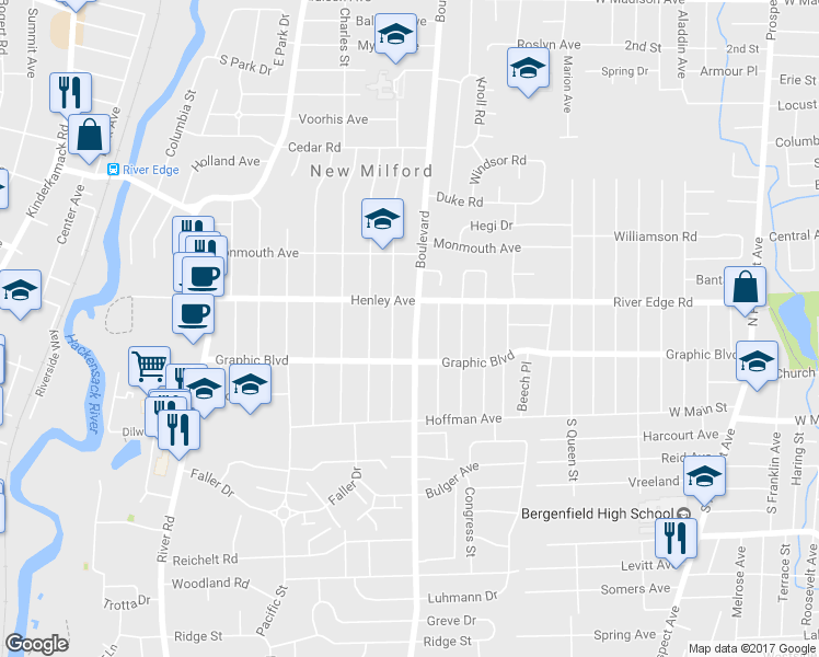 map of restaurants, bars, coffee shops, grocery stores, and more near 736 Boulevard in New Milford