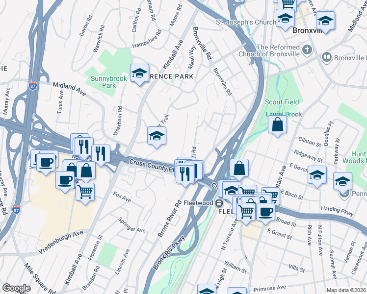map of restaurants, bars, coffee shops, grocery stores, and more near 45 Eton Road in Yonkers