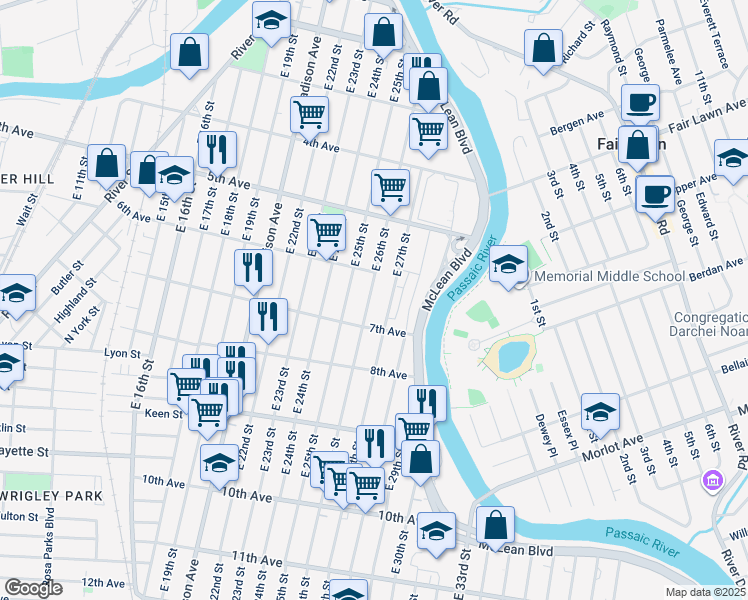 map of restaurants, bars, coffee shops, grocery stores, and more near 227 East 26th Street in Paterson