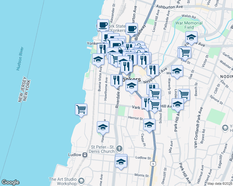 map of restaurants, bars, coffee shops, grocery stores, and more near 85-101 Riverdale Avenue in Yonkers