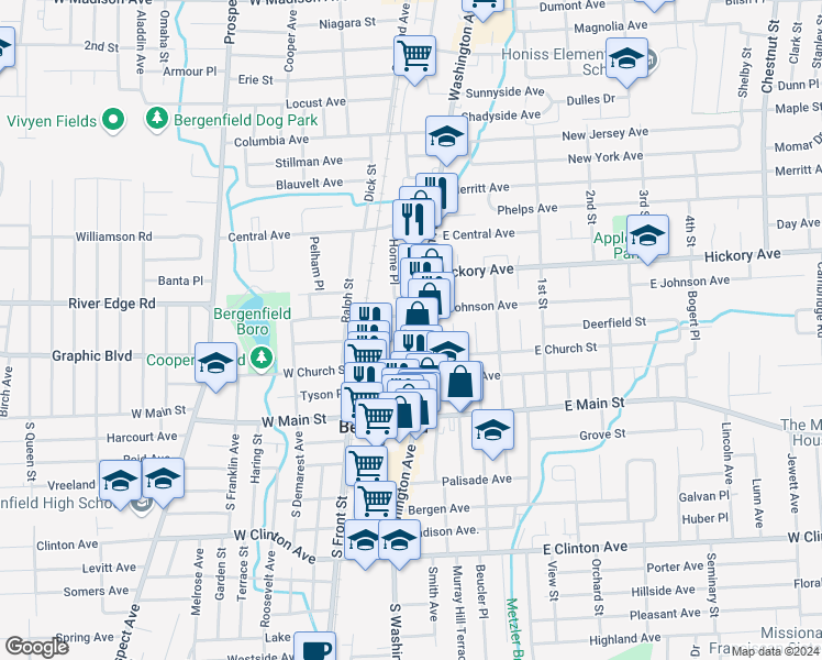 map of restaurants, bars, coffee shops, grocery stores, and more near 7 Irving Pl in Bergenfield