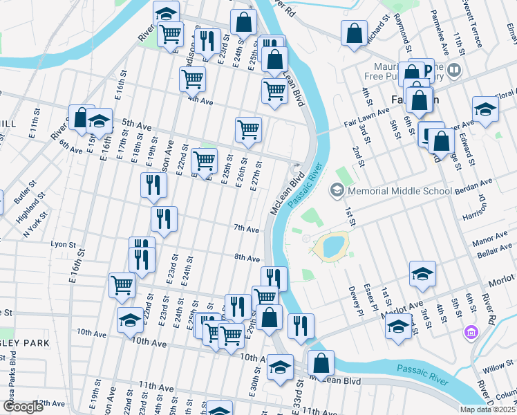 map of restaurants, bars, coffee shops, grocery stores, and more near 23 Alois Place in Paterson