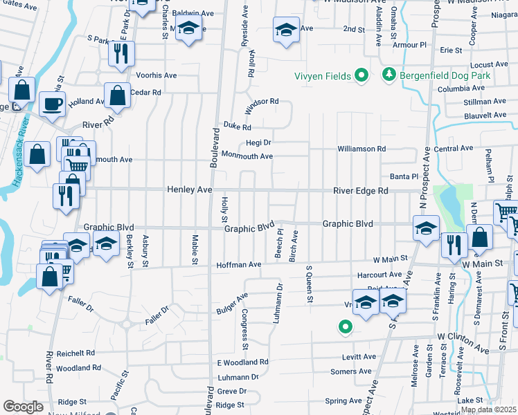 map of restaurants, bars, coffee shops, grocery stores, and more near 733 Chestnut St in New Milford