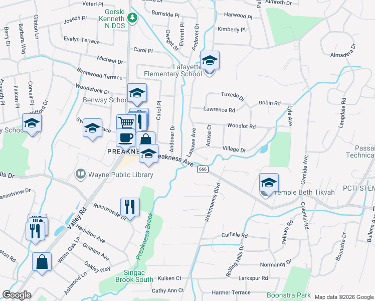 map of restaurants, bars, coffee shops, grocery stores, and more near 9 Laauwe Ave in Wayne