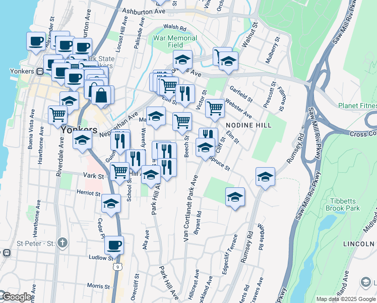 map of restaurants, bars, coffee shops, grocery stores, and more near 132 Beech Street in Yonkers