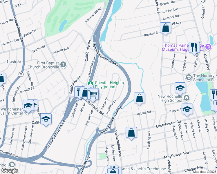 map of restaurants, bars, coffee shops, grocery stores, and more near 53 Archer Drive in Bronxville