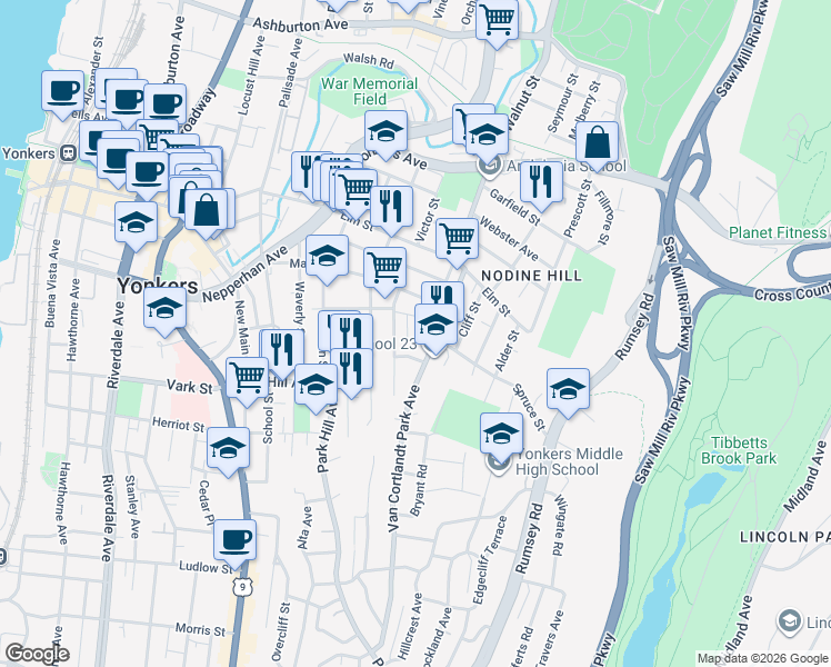 map of restaurants, bars, coffee shops, grocery stores, and more near in Yonkers