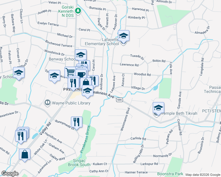 map of restaurants, bars, coffee shops, grocery stores, and more near 9 Laauwe Avenue in Wayne