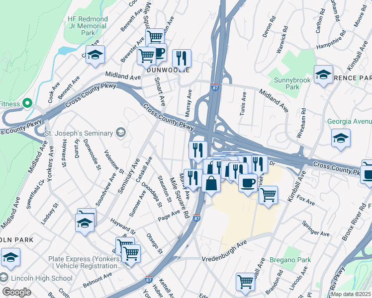 map of restaurants, bars, coffee shops, grocery stores, and more near 109 Murray Avenue in Yonkers