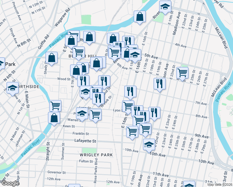 map of restaurants, bars, coffee shops, grocery stores, and more near 63 Sassafras Street in Paterson