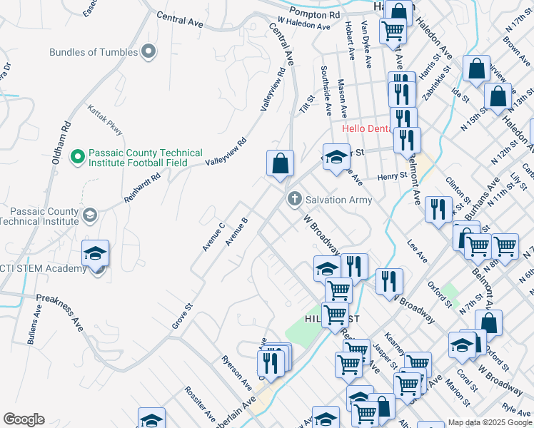 map of restaurants, bars, coffee shops, grocery stores, and more near 34 Katz Avenue in Paterson