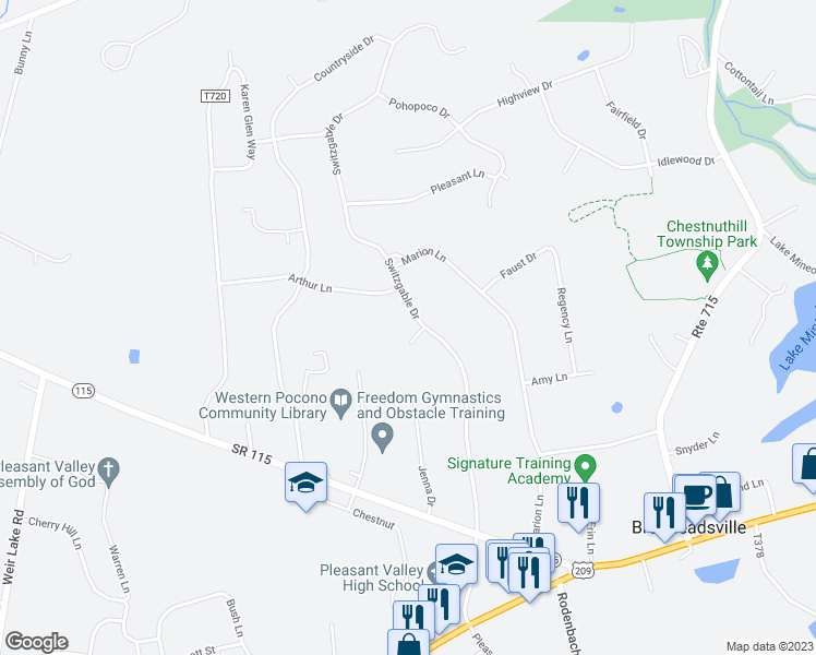map of restaurants, bars, coffee shops, grocery stores, and more near 104 Farm Court in Brodheadsville